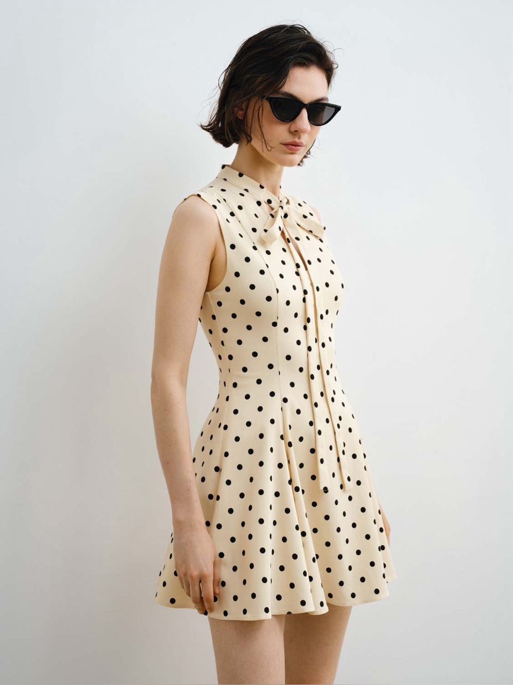 Sleeveless Cream Polka Dot Tie-Neck Dress Size 8